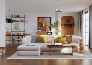 Cách bố trí nội thất bếp và phòng khách không gian mở đầy tiện nghi, nhiều ánh sáng 1