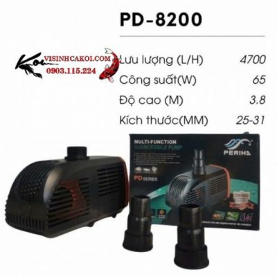 Máy Bơm Periha PD 8200 với thiết kế nhỏ gọn, linh hoạt, phù hợp cho các hệ thống lọc thủy sinh và hồ cá koi có ngăn lọc nhỏ.